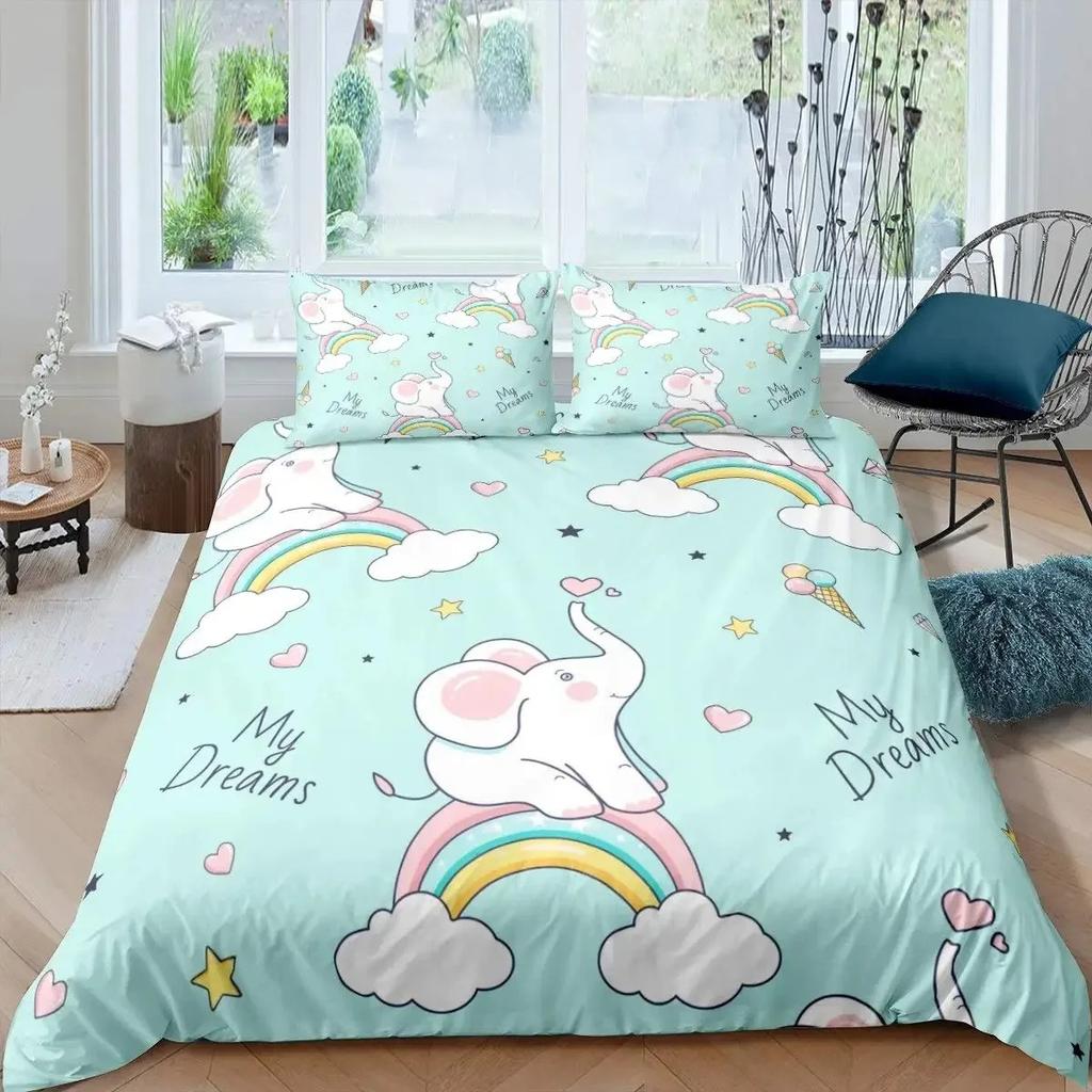 Elephant Soft Duvet Cover Set for Girl Lovely Carton Animals Elephant featuring Buterfly plus Bird Beding Set Warm Comforter Cover Quen Sized