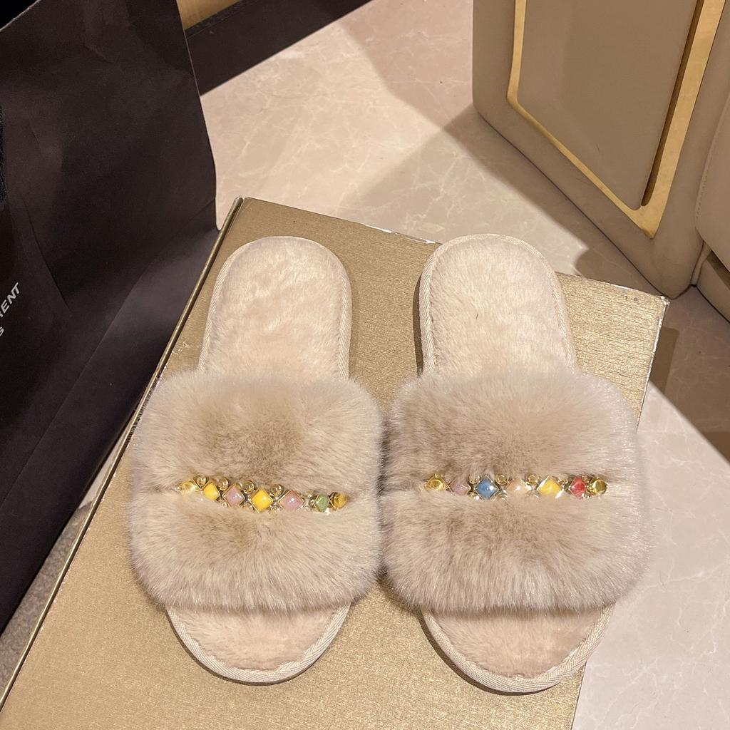 Comemore Plush Slippers Women Soft Black Faux Fur House Cotton Slides Woman Indoor Casual Flat Heel Fur Slippers Women Shoes