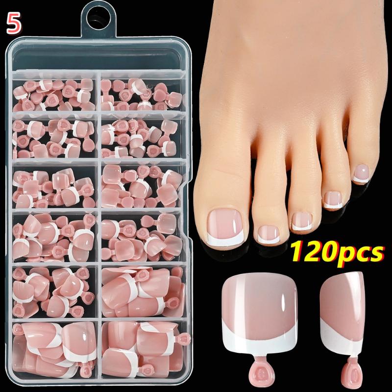 120Pcs French Short Square Artificial Press On Toenails Nude Pink Full Cover False Toe Nails Fake Toe Nail Extension For Women