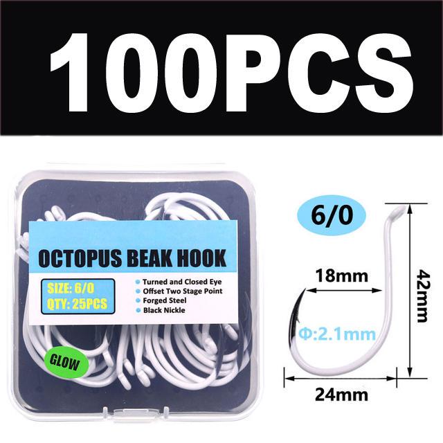 25pcs/box Luminous Imported Steel Octopus Beak Hook Offset Classica Bait Hooks Deep Sea Night Fishing Hook 3/0 4/0 5/0 6/0 7/0