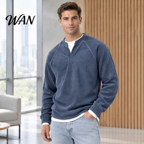 Soft Textured Buttonless Tops Men Corduroy Layered Tops, V Neck Raglan Long Sleeve Pullover Loose Fit Basic Fake Two Pieces for Daily Wear Breathable