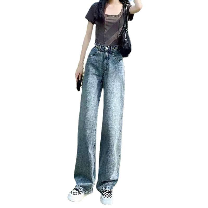 Весенние и осенние женские джинсы с регулируемой талией и высокой талией, прямые брюки в стиле ретро, ​​широкие длинные брюки со шваброй