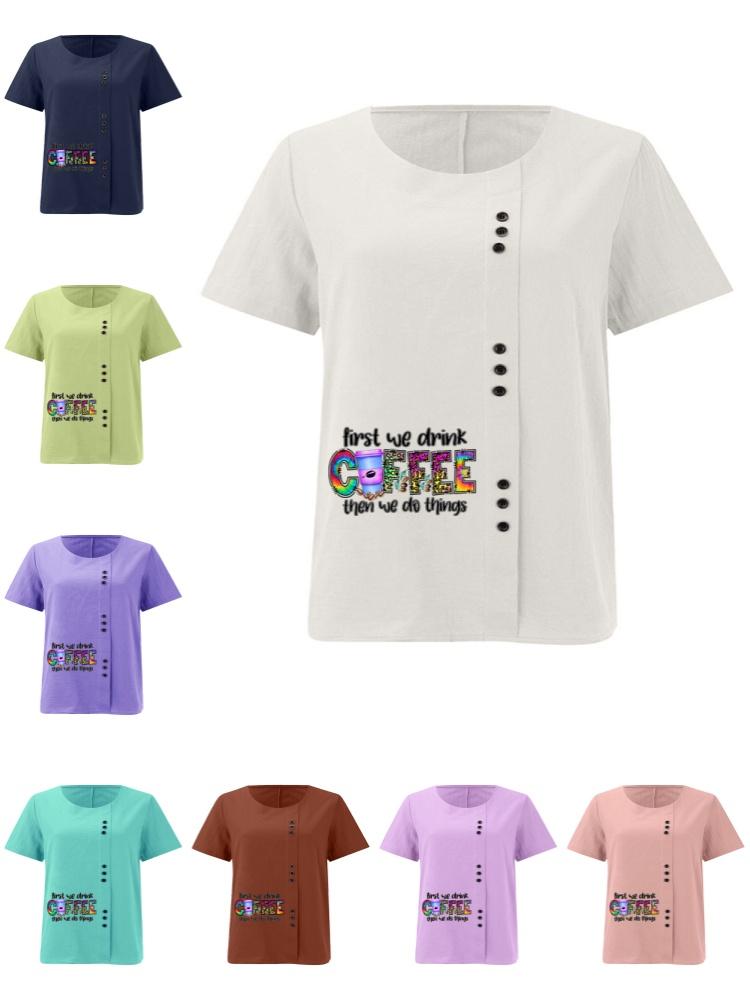 Women's Fashion Coffee Alphabet Print Printing Shot Sleeve T-shirt Loose Cotton Shirt Casual Loose Summer Plus Size Blouse Tops