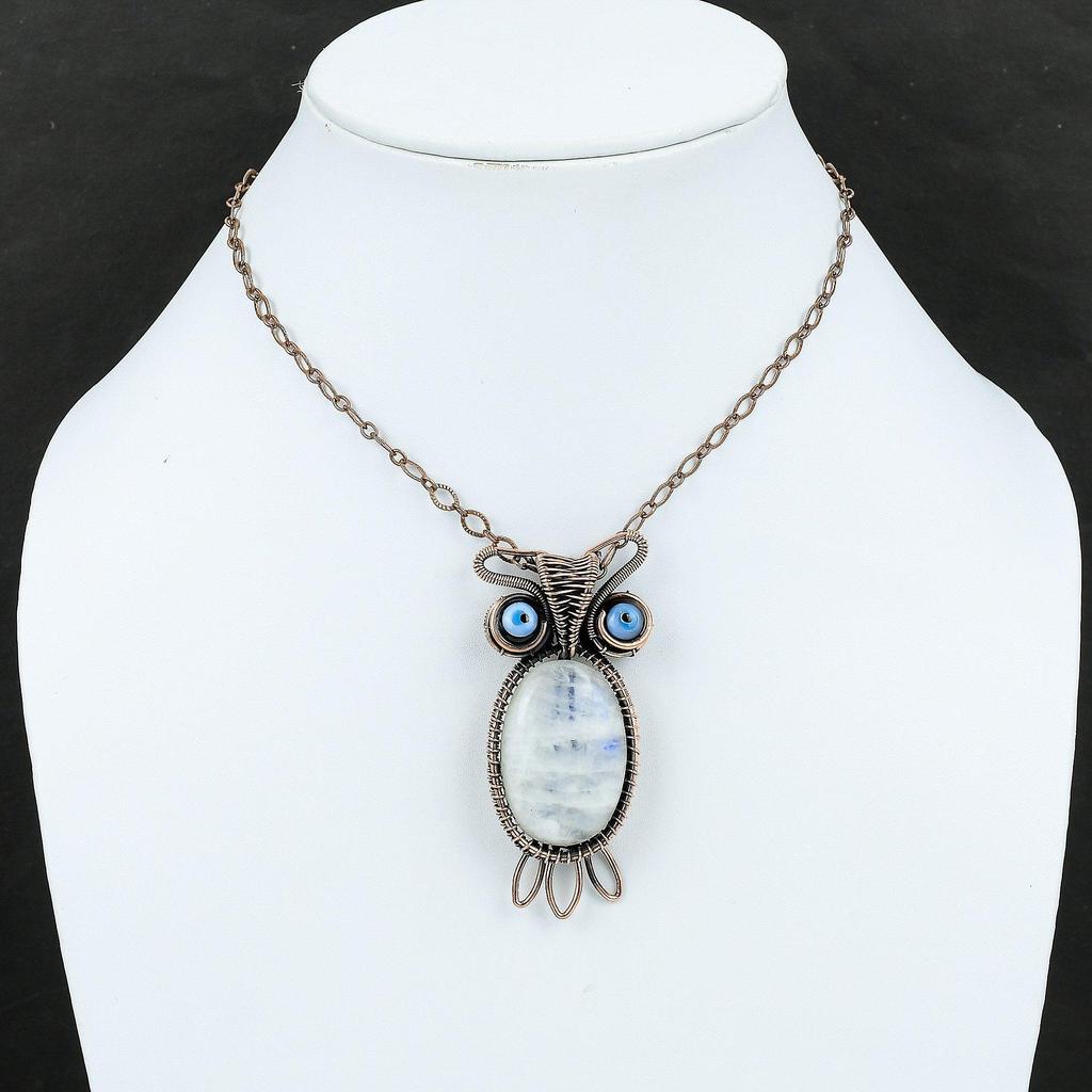 Подвеска Rainbow Moonstone, подвеска из драгоценного камня и меди, подвеска в виде совы, ювелирное изделие из черной проволоки от сглаза, ручная работа, ювелирное изделие из медной проволоки