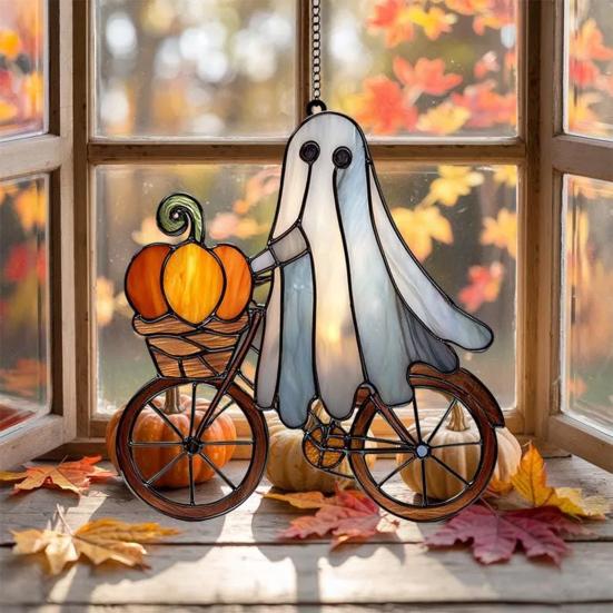 Halloween Ghost Ride Ornament with Lanyard Solar Trap Witch Hat Pumpkin Passenger Hanging Pendant Sun Catcher