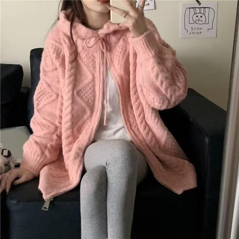 Свитер с косами женский осенне-зимний новый ретро свободный ленивый верхняя одежда вязаный свитер кардиган с капюшоном куртка