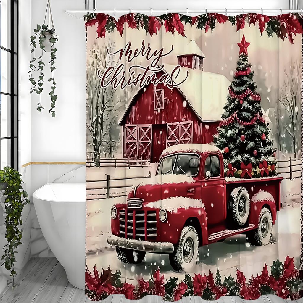Merry Christmas Red Car Christmas Tree Shower Curtain, Bathroom Decorative Shower Curtain, Waterproof Shower Curtain with Hooks