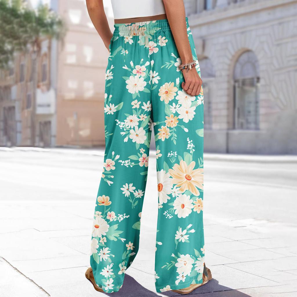 Женские летние брюки-палаццо в стиле бохо с высокой талией, широкие повседневные брюки с цветочным принтом и карманами