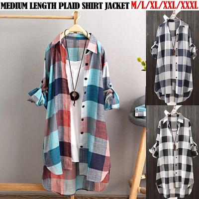 Женская футболка в клетку с длинным рукавом, льняные топы, мешковатый топ, блузка-футболка больших размеров, платье