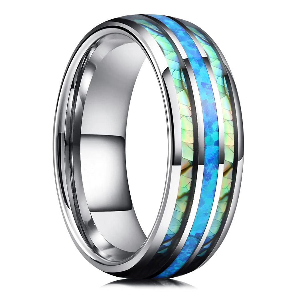 Fashion 8mm Men Black Stainless Steel Rings High Polished Blue Abalone Shell for Men Wedding Party Jewelry Anniversary Gifts