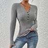 Women's Solid Color Button Knit Pullover V-neck Slim Fit Long Sleeved T-shirt Top