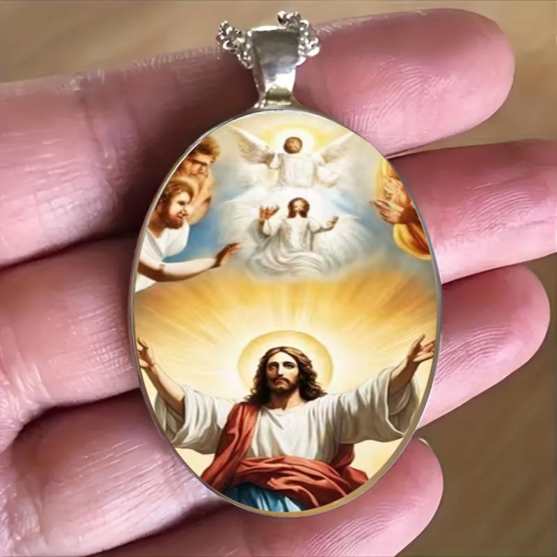 Holy Jesus With Outstretched Arms, A Protective Amulet Necklace Pendant, Made Of Time-Jeweled Glass.