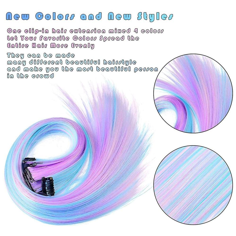 Rainbow Colorful Extension Fashion Long Straight Wavy Hairpieces Fake Hair Clip Strands  Women/Kids