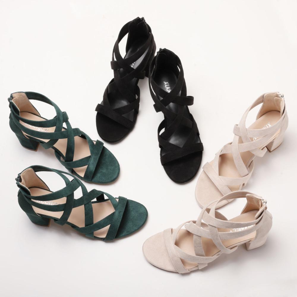 Босоножки Женские Мода 2025 Новые Универсальные Толстый Каблук Римский Стиль Высокие Каблуки Женские Босоножки Задняя Молния Летняя Женская Обувь