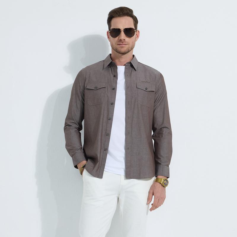 100% Cotton Men's Multi-Pocket Embroidered Long-Sleeved Shirt