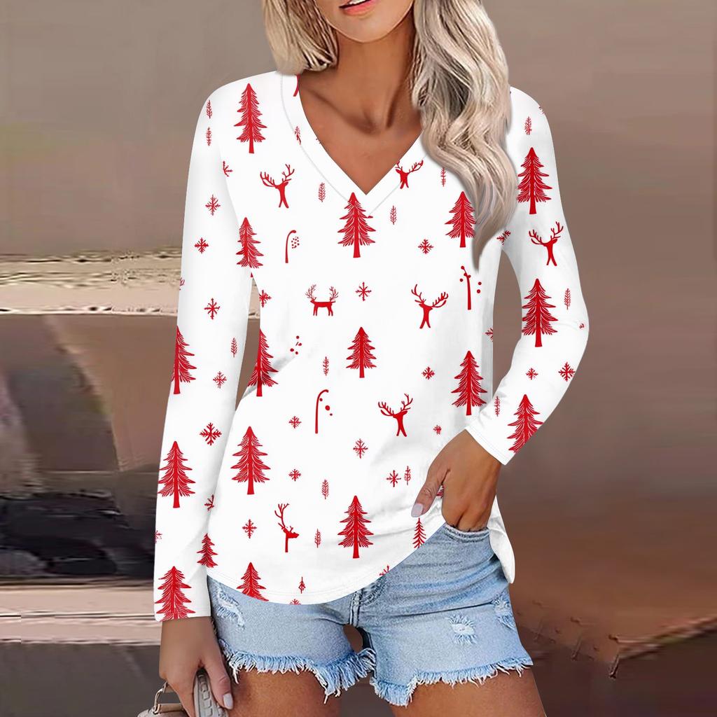 Women's Casual Fashion Sexy Comfortable Christmas Printed V-Neck Long Sleeve Top