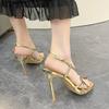 Gold Ankle Strap Heels Ladies 2024 Summer Sexy Stilettos Party Shoes Fashion Party Fashion Heels Solid Color Clasp Rubber