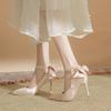 Size 35-40 Stiletto Heel Point Toe Pearls Buckle Belt 9cm High Heel Ladies Bow Satin Fabric White Wedding Shoes Women Pumps