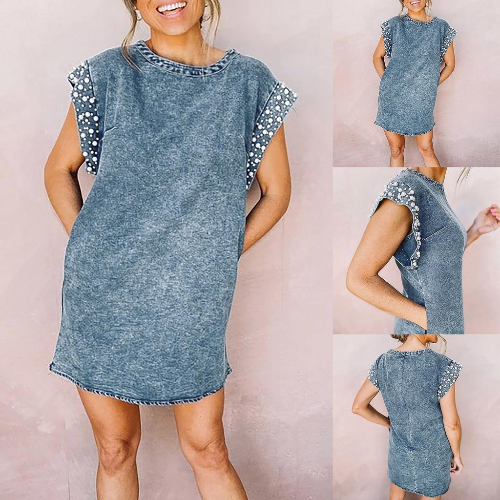 Women Casual Summer Sexy Round Neck Short Sleeve Slimming Loose Denim Dress