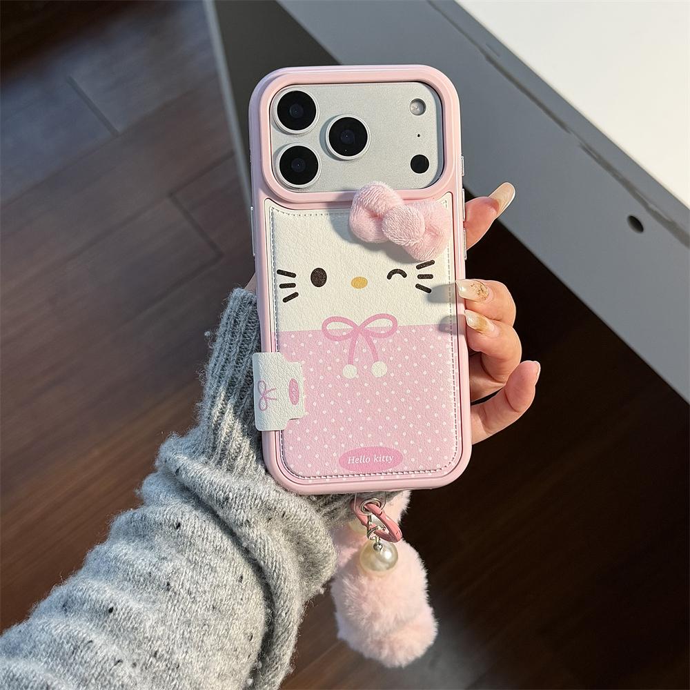 НОВЫЙ Розовый Конфетный Кожаный Милый Мини Чехол Sanrio Hello Kitty Для iPhone 17 16 15 14 Pro Max Зимний Теплый Ударопрочный Чехол-Крышка с Ремешком на Запястье