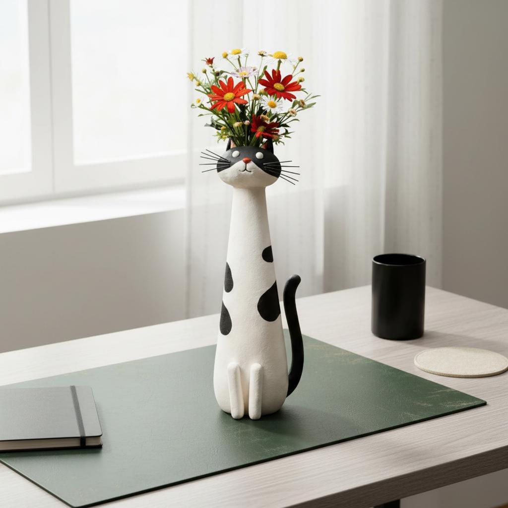 Whimsical Feline Vase Quirky Design Feline Vase Kitty Flower Pot Decorative Accent Resin Sculpture Planter Handmade Look