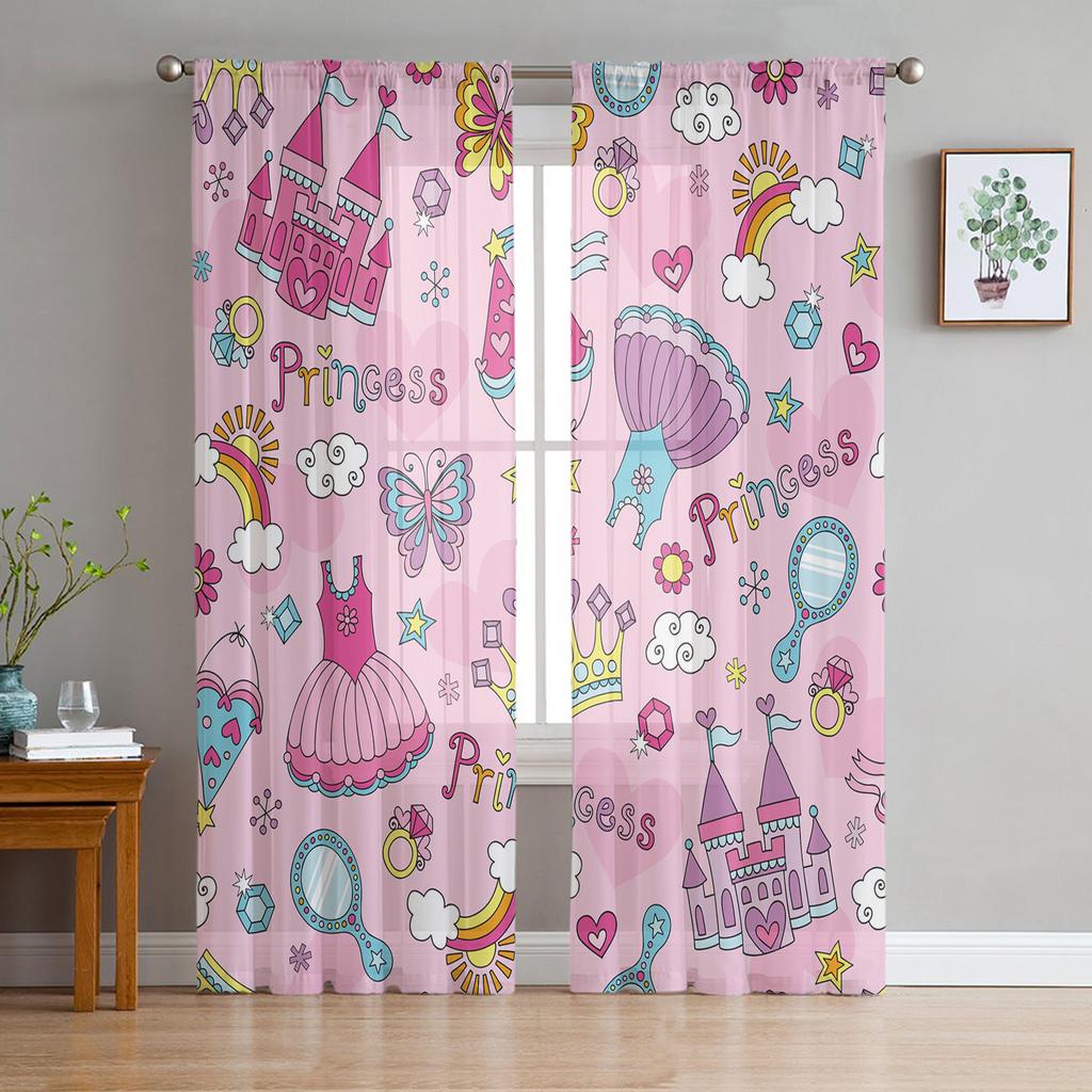 Розовый мультяшный замок, белые тюлевые прозрачные оконные шторы для гостиной, спальни, современные тюлевые вуали, шторы, украшение