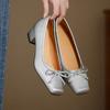 Sheepskin Fashion Summer Spring Autumn Med Heels Slip On Women Butterfly-knot European Design Square Toe Pumps