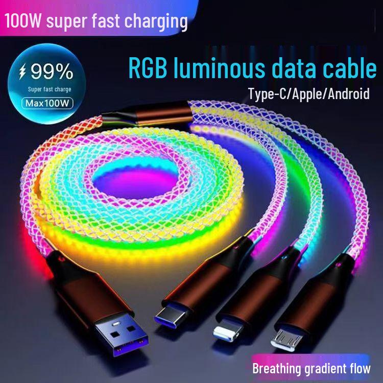 RGB градиентный кабель для быстрой зарядки нескольких устройств со светящимся дыхательным светом для Huawei и Apple