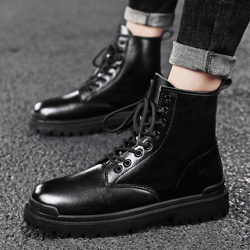 Натуральная кожа 35~45 Ботинки на толстой подошве для мужчин и женщин Короткие ботинки зимние повседневные резиновые туфли Модные высокие ботинки для пар с 8 отверстиями