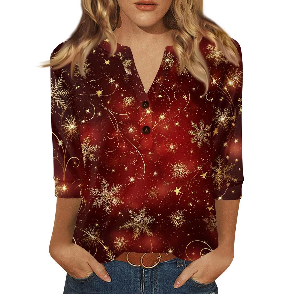 Женская футболка с рождественским принтом, на пуговицах, рукав 3/4, повседневная, выходного дня, модная, базовая, с V-образным вырезом, стандартный топ