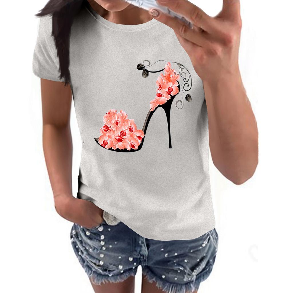 Women's Casual High Heels Floral Print Casual Short-sleeved T-shirt Pullover Round Neck Short-sleeved Top