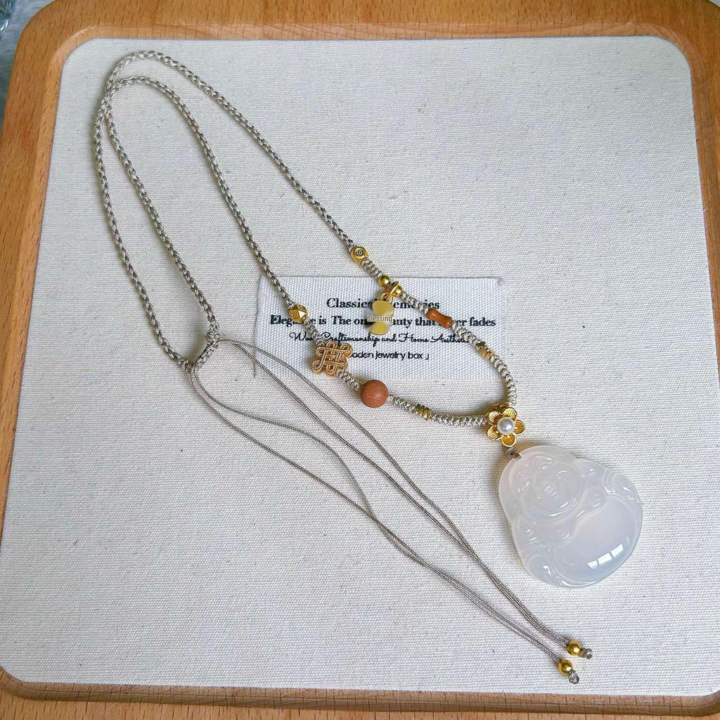 Натуральный Халцедон Будда Подвеска Ожерелье - Ручная работа, Плетеное, Легкая Роскошь Ключичная Цепочка