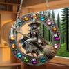 Halloween Witch Flying Broom Suncatcher Faux Crystal Magic Witch Wall Art Decor Acrylic Stained Glass Window Hanging Sun Catcher for Home Decor