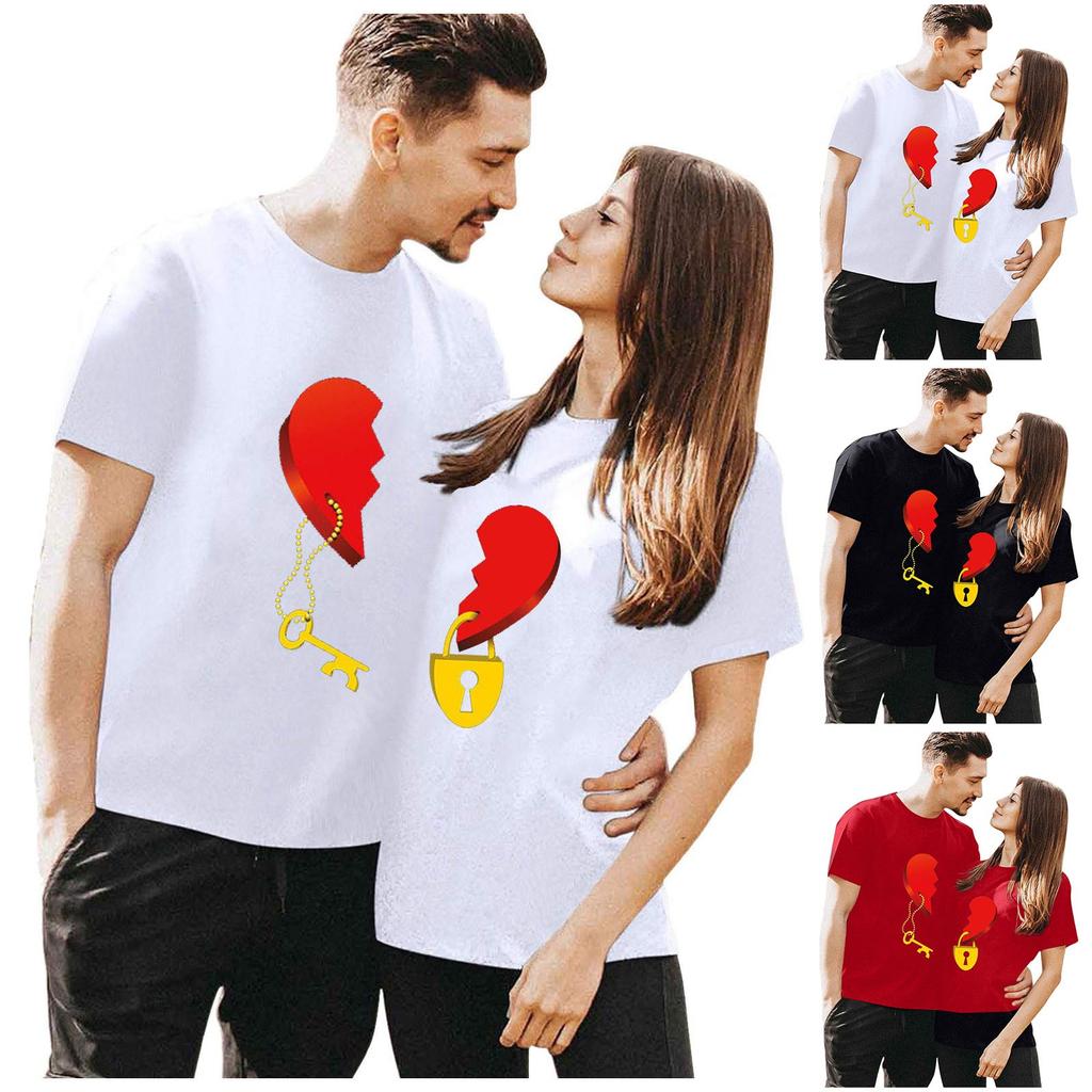 Men Women Valentine's Day Blouses Round Neck Letter Love Print Couples Shirts Tops