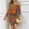 Women Plus Size Asymmetric Cold Shoulder Long Sleeve Purple Cyan Gold Ink Wash Print Irregular Wrap Bodycon Midi Dress