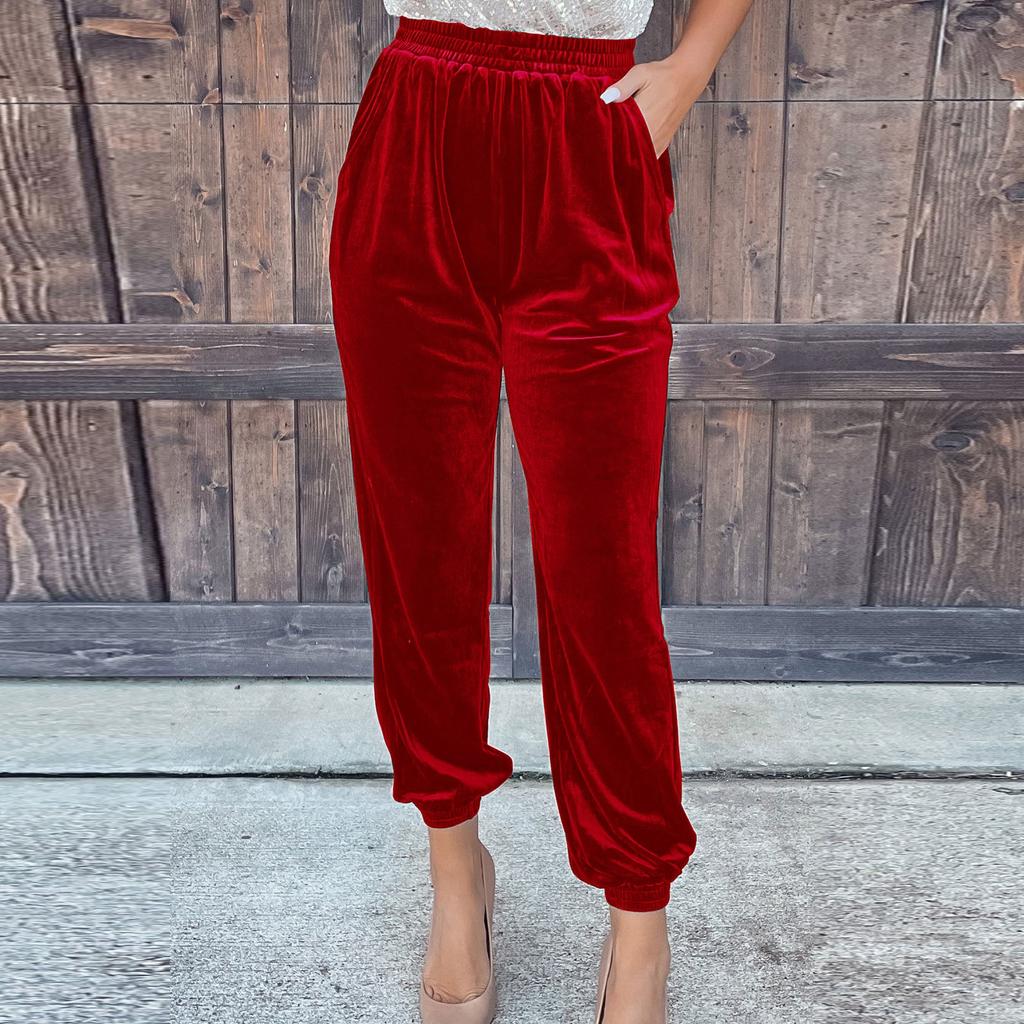 Women's Ladies Gold Velvet Trousers Straight Trousers Elastic Waist Casual Pants