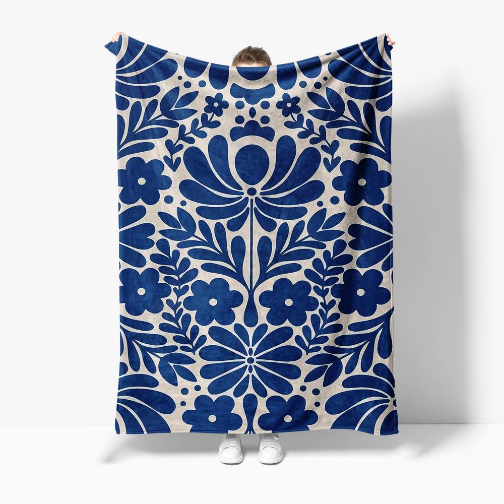 Navy Blue Floral pattern Flannel printed blanket suitable for all seasons suitable for living room office sofa and travel
