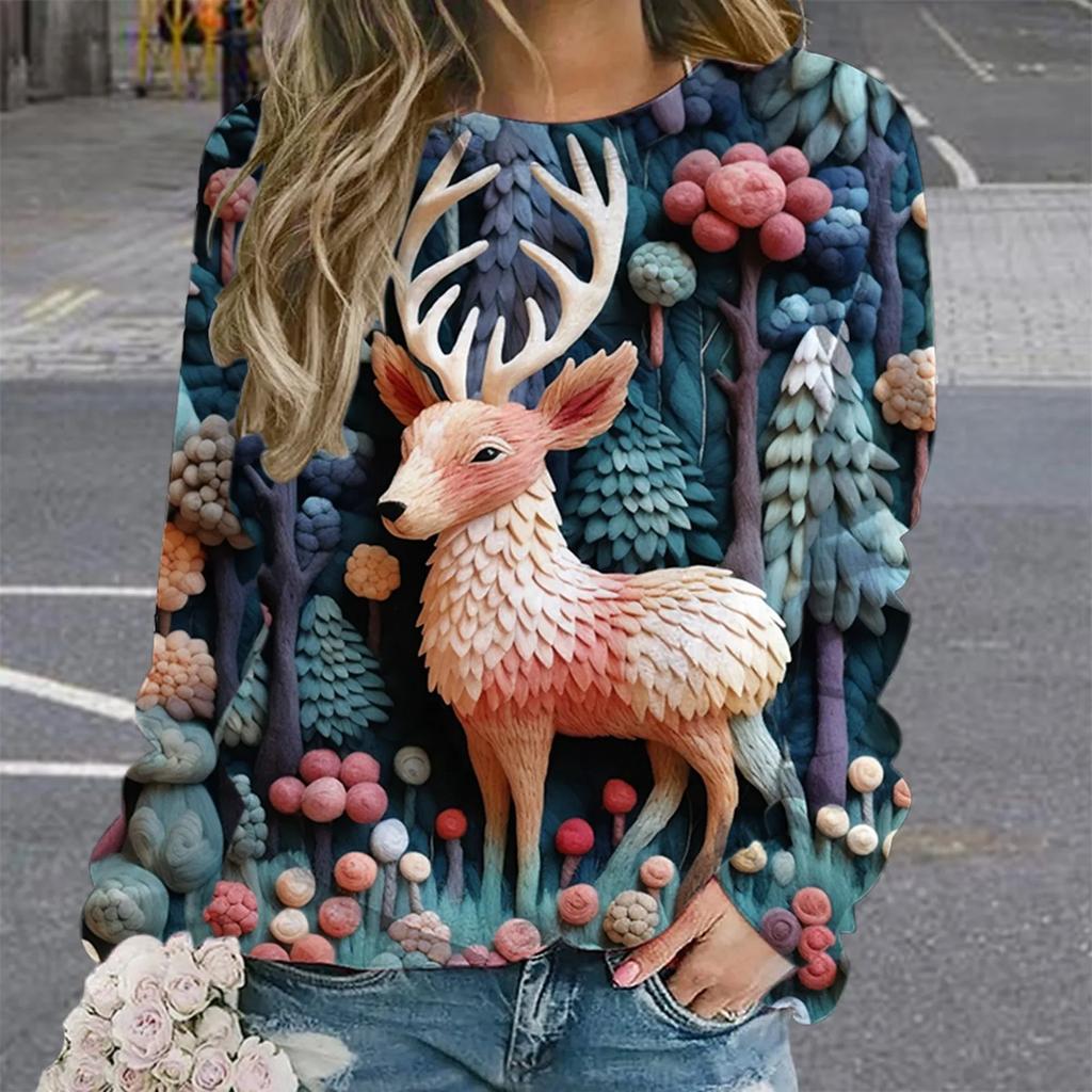 Рождественская женская толстовка с круглым вырезом, с длинным рукавом, свободная, повседневная, с милым рисунком Санта-Клауса, с забавным рисунком, с принтом