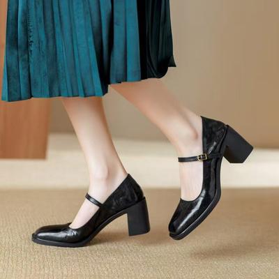 Модные туфли Мэри Джейн Классические Винтажные Черные Сандалии Женские С Пряжкой Повседневные На Среднем Каблуке Офисные лодочки Женские Однотонные Элегантные туфли на высоком каблуке
