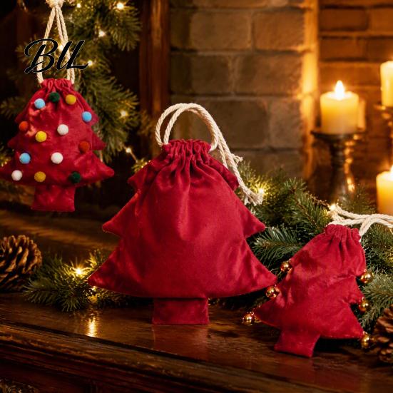 Decorative Party Favor Bags Christmas Tree Shaped Gift Bag, Reusable Drawstring Treat Goody with Pompoms Fabric Storage for Gifts Bells, Winter