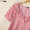 VONDA Женские летние повседневные футболки с оборками и V-образным вырезом с коротким рукавом в полоску