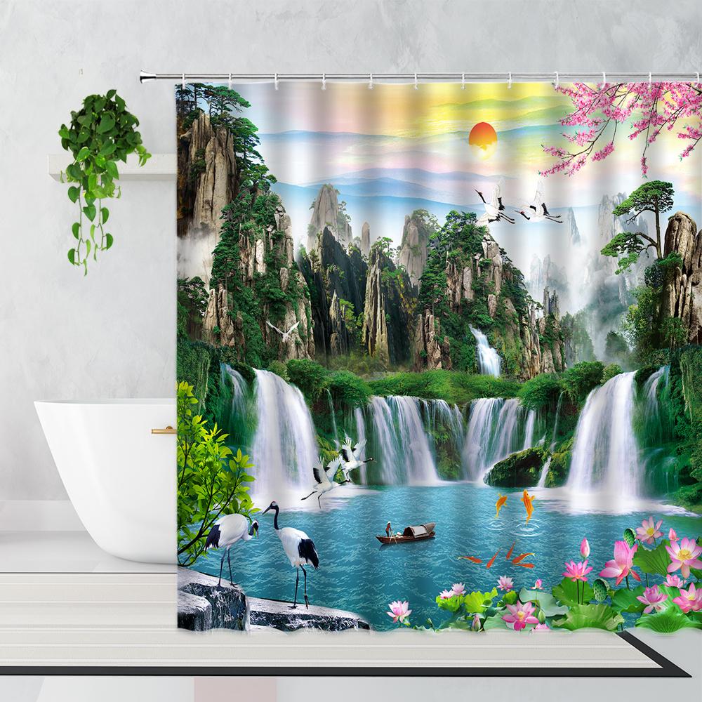 Zen Bamboo Forest Shower Curtain Summer Forest Jungle Waterfall Rock Nature Scenery Bath Curtains Set Green Landscape Bathroom