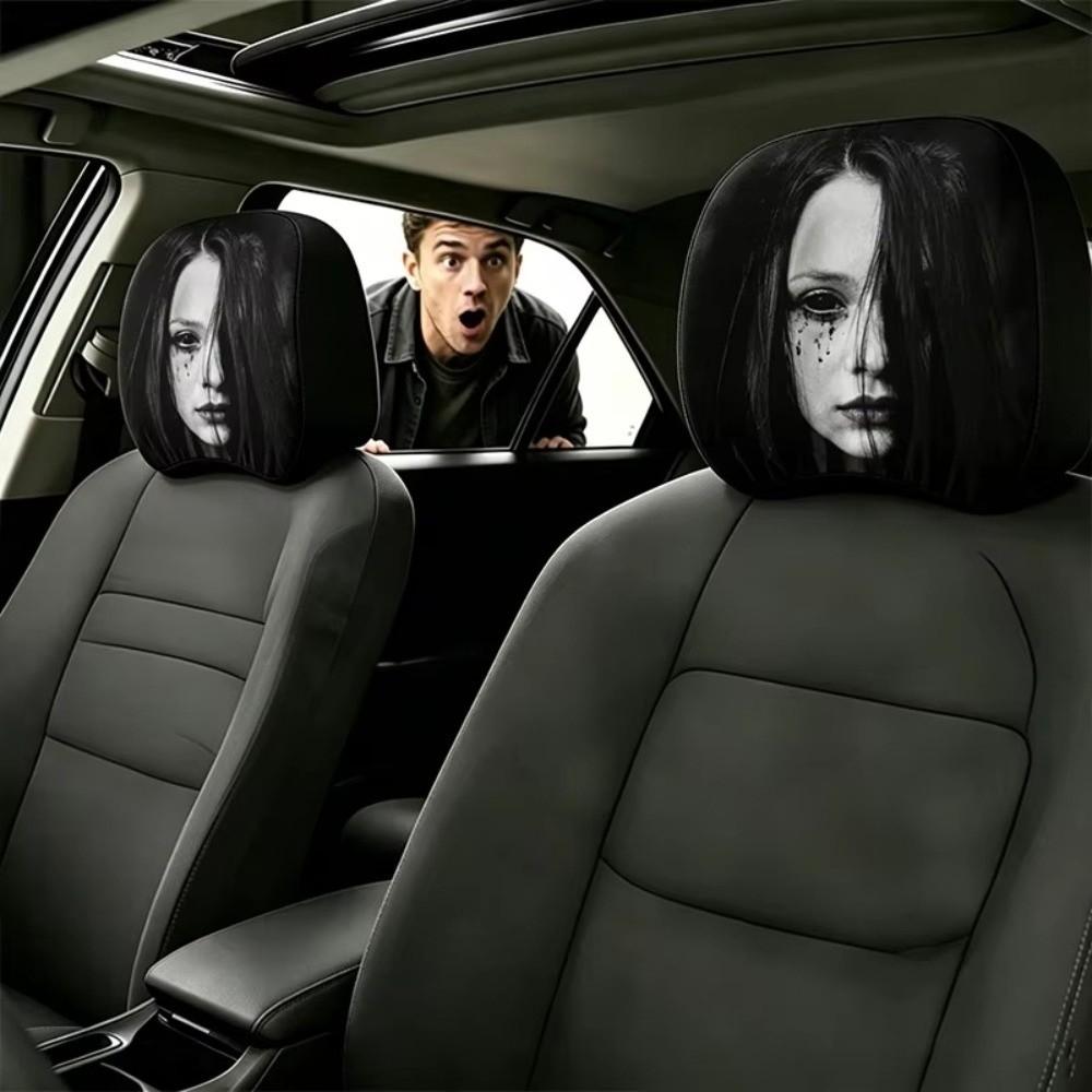 2Pcs Black Car Headrest Cover Scary Face Printing Car Headrest Protector Car Seat Cover  Halloween