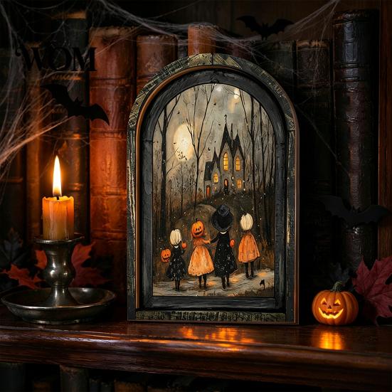 Rustic Wood Halloween Sign Arched Wooden Wall Decor, Ghost Cat Hanging Ornament, Distressed Gothic Waterproof Art Tabletop Decor Plaque, Spooky