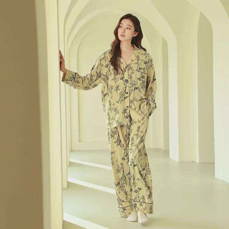 Пижама женская из чистого хлопка: Кардиган с длинными рукавами и кружевом, весна/осень, большие размеры, стиль 2025 года, подходит для ношения в помещении и на улице