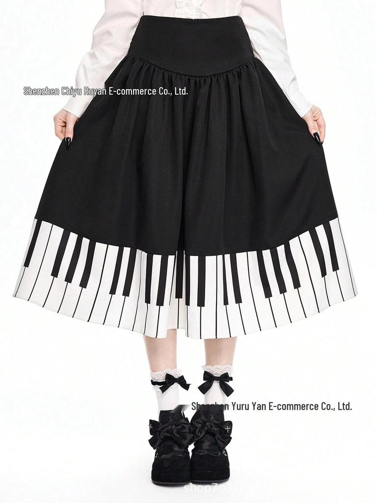 Европейская и американская женская ретро плиссированная юбка с принтом пианино, высокая талия, короткая, стройнящая, для лета - Черно-белая.
