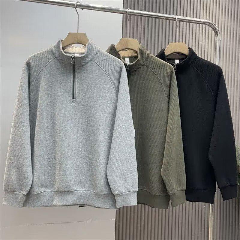 Men's Trendy Stand Collar Half-Zip Sweatshirt, Loose-Fit Pullover for Spring, Autumn, and Winter 2024.