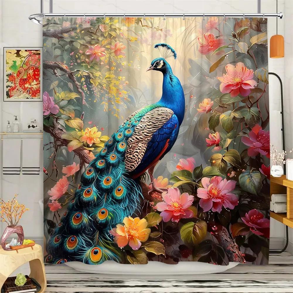 Peacock Shower Curtain Tropical Plant Flower Leaf Landscape Vintage Oil Painting Elegant Polyester Fabric Bathroom Decor Curtain