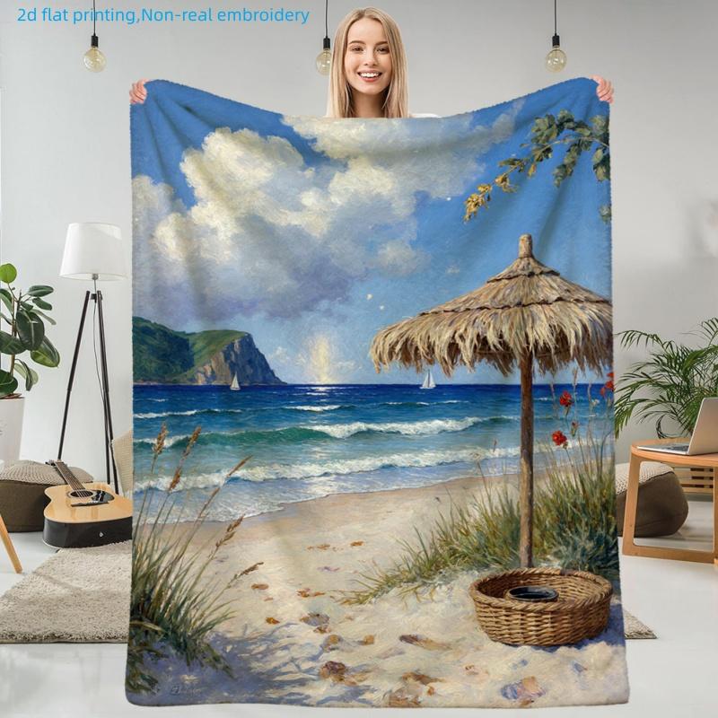 1pc Beach Scenery Printed Blanket, Seaside Vacation Theme, Multiple Sizes Available, Suitable for Living Room, Bedroom, Study, Balcony, Courtyard