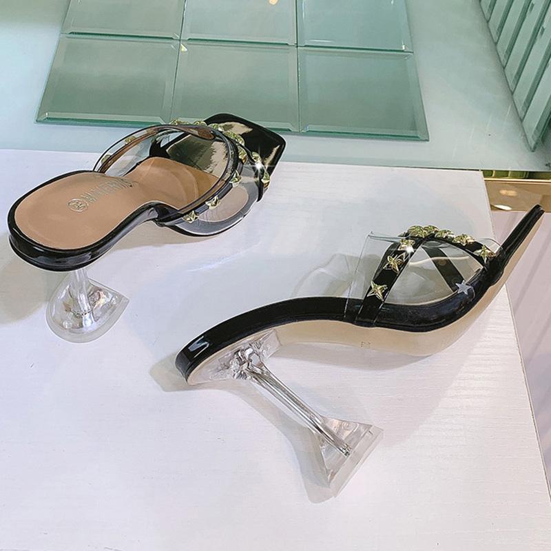 Женские сандалии большого размера, прозрачные сексуальные универсальные тапочки с открытым носком и заклепками, каблук 9 см, WZ, 2023 г.